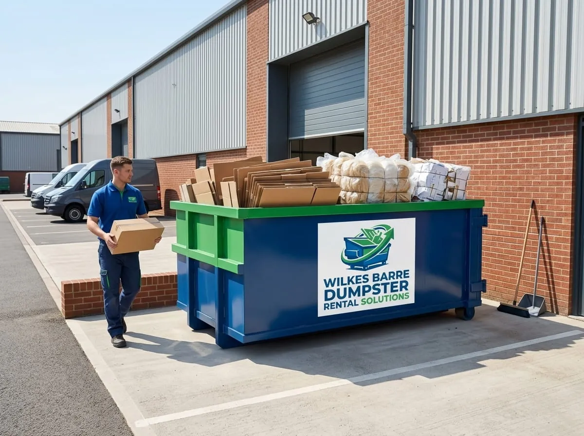 Worker beside a commercial roll-off dumpster from Wilkes Barre Dumpster Rental Solutions in Wilkes-Barre, PA