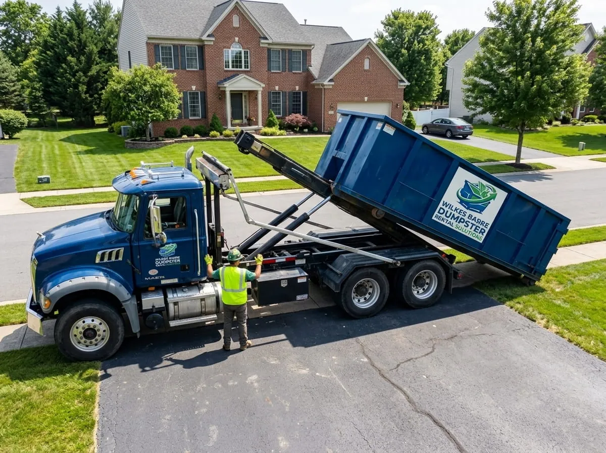 Wilkes Barre Dumpster Rental Solutions truck delivering a roll-off dumpster to a Wilkes-Barre PA driveway