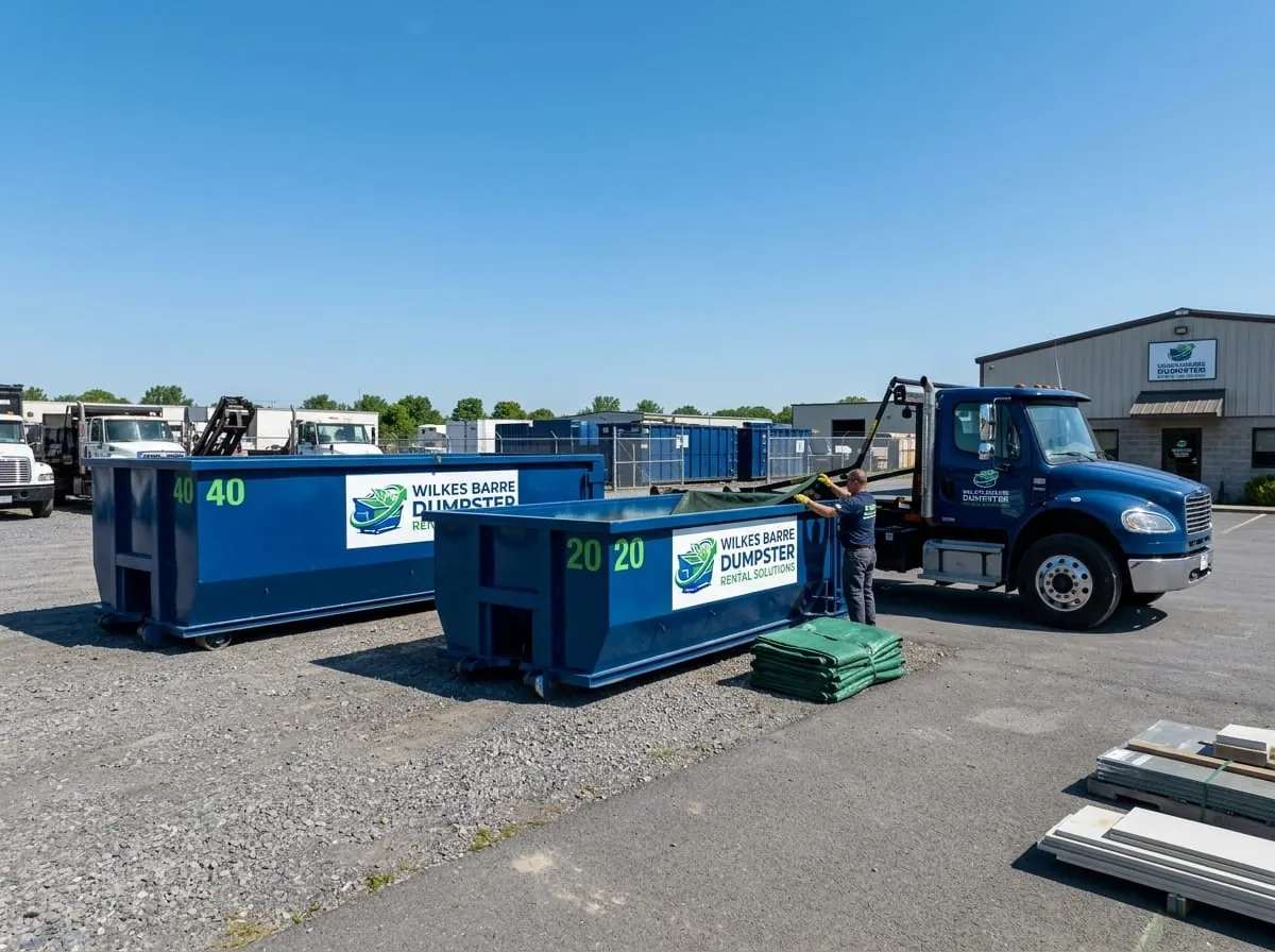 Wilkes Barre Dumpster Rental Solutions fleet of roll-off dumpsters and trucks in Wilkes-Barre, PA