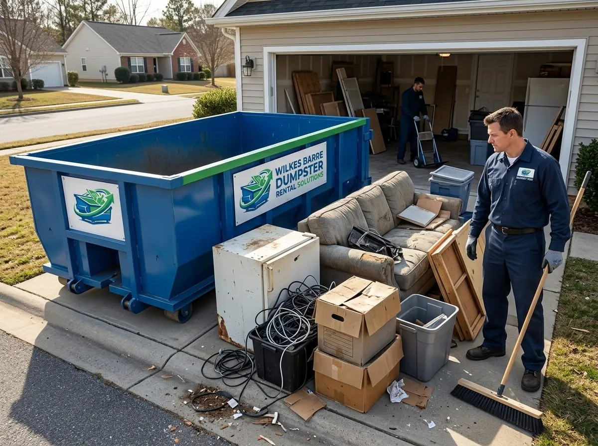 Homeowner clearing junk into a dumpster during a Wilkes-Barre PA cleanout