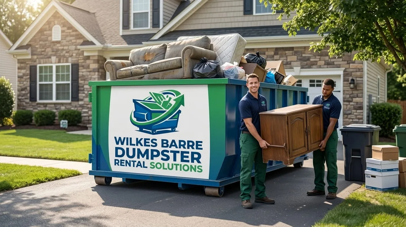 Junk removal in Wilkes-Barre, PA Workers loading furniture and junk into a dumpster in Wilkes-Barre, PA