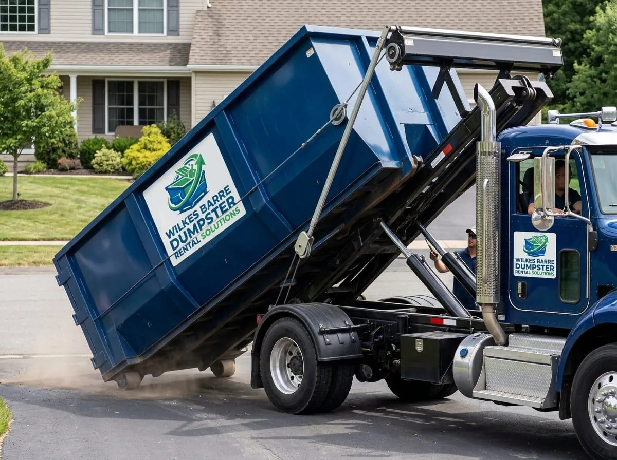 Roll-off construction dumpster being loaded onto a Wilkes Barre Dumpster Rental Solutions truck