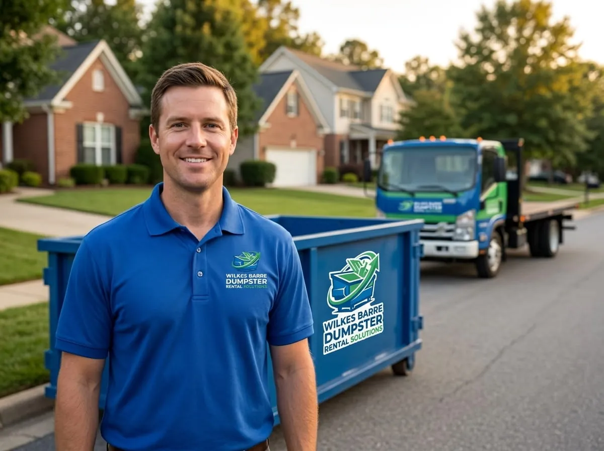 Wilkes Barre Dumpster Rental Solutions team member beside a roll-off dumpster in Wilkes-Barre, PA